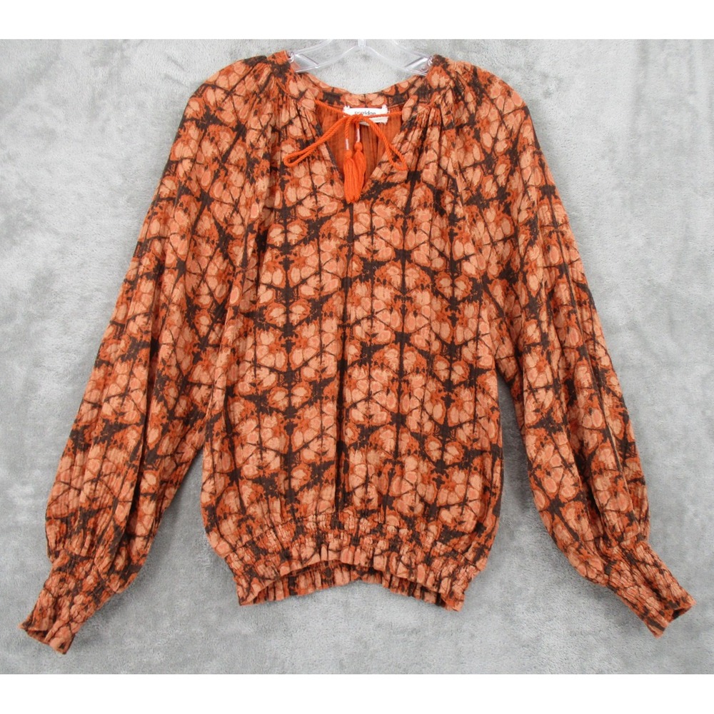 Anthropologie Porridge Blouse Medium Boho Balloon Sleeve Tassel Orange Indie
